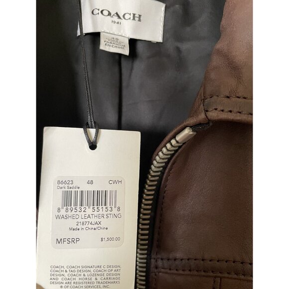 Coach Men's Washed Leather Stinger Moto Jacket Brown SIZE M MSRP $1500.00 - Picture 4 of 12